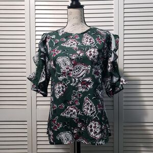 Jade Melody Tam Blouse Women's Size XS Green‎ Floral Lace Inset Half Sleeve Top